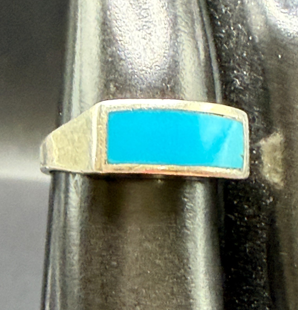 Turquoise Inlay Signet Ring Size 7 Sterling Silver Band Southwestern 4.49 grams